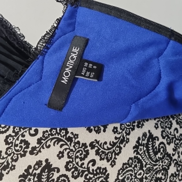 Montique, blue with black lace overlay, bodycon dress, size 10 - Picture 11 of 12